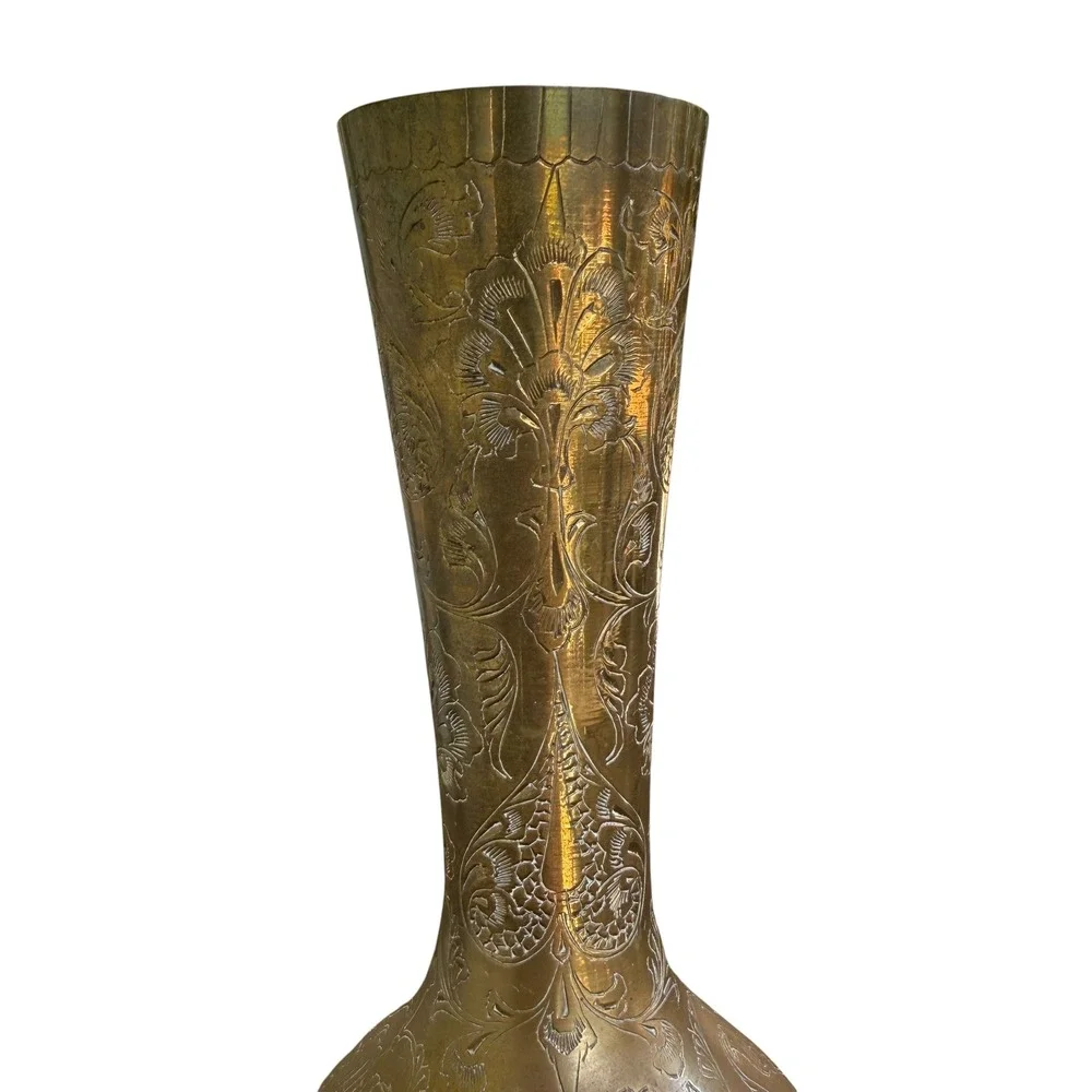 Vintage Etched Brass Vase Floral Paisley Hand Crafted Gold Tone Decor 11.5 Inch
